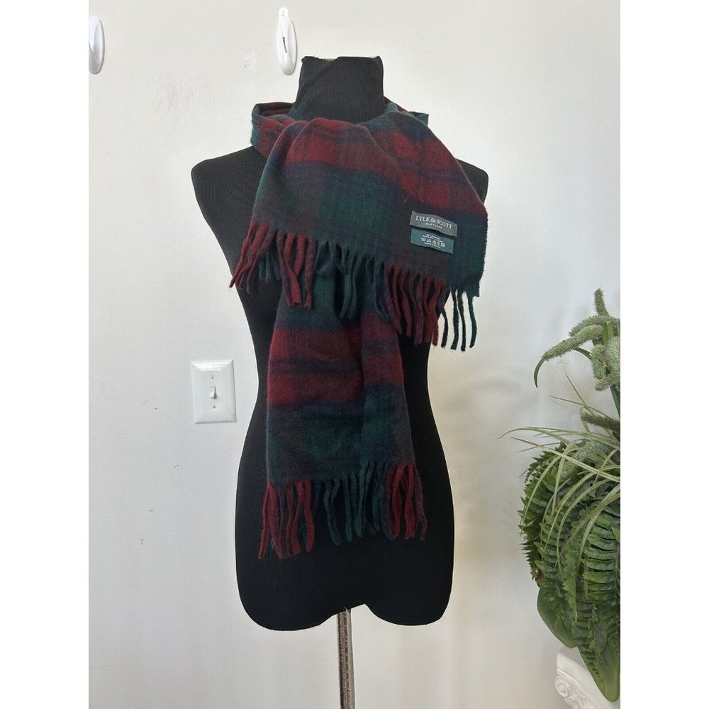 Lyle & Scott Green Blue Red‎ Plaid 100% Cashmere Scarf Made in Scotland